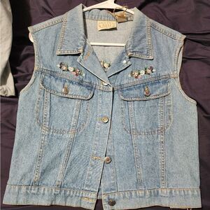 Vintage Khaki Rose Floral Embroidered Denim Vest Women's Size Medium‎